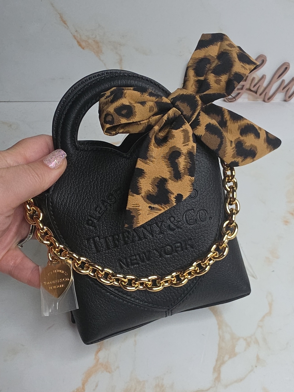 Tiffany & Co. Black Leather Heart Mini Bag with Gold Chain With Leopard Bow